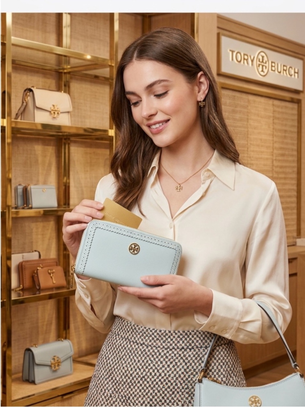Tory Burch Light Blue Zip Card Case Wallet with Logo